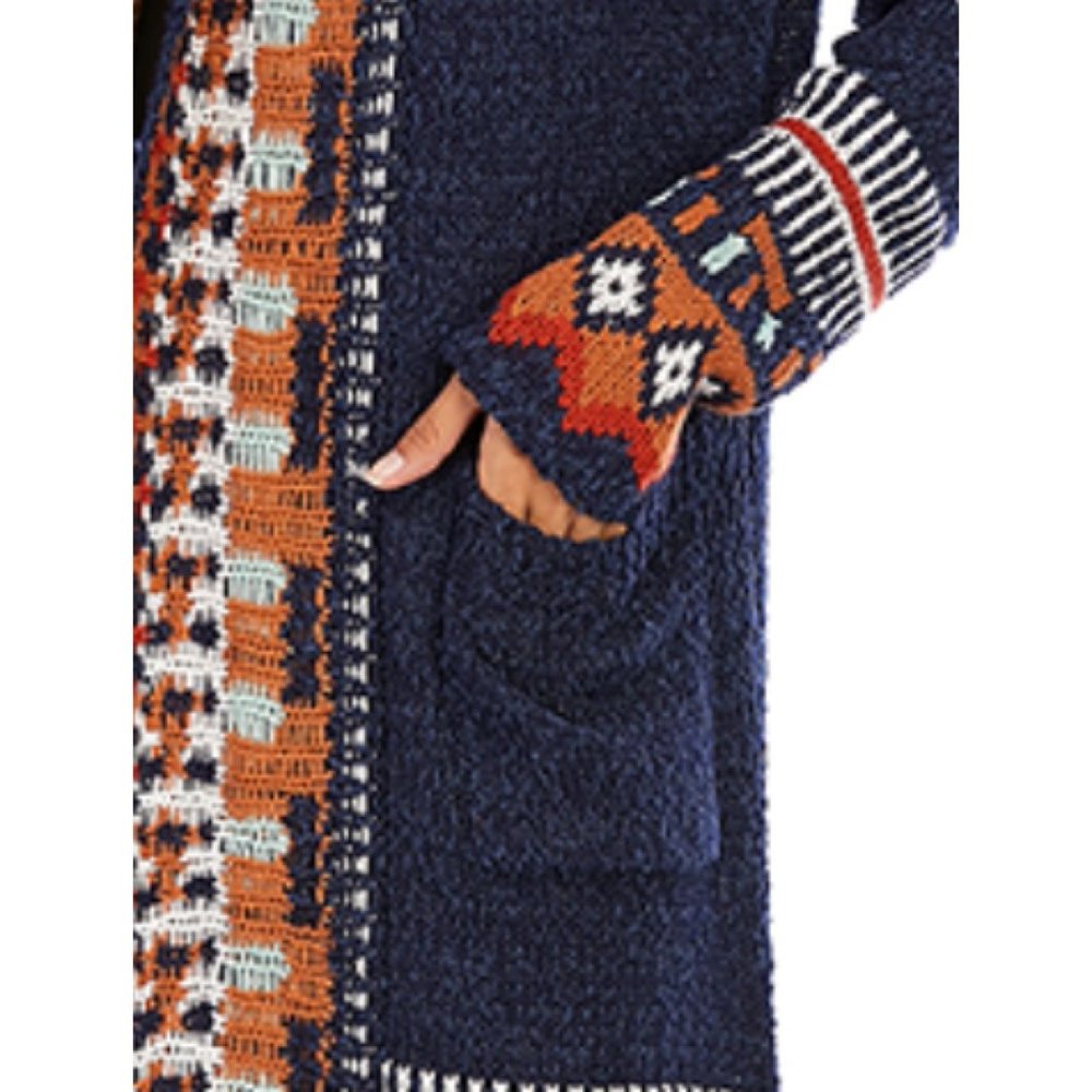 Navy Blue Multicolor Aztec Tribal Print Knit Long Cardigan Duster Kimono Sweater - Picture 7 of 8